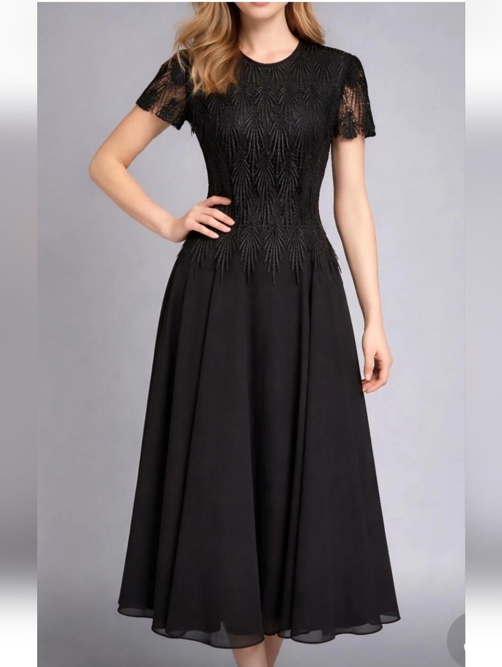 Vintage STEPHANIE ANDREWS Black Gothic Crochet Feathered Fit Flare Dress Gown 16